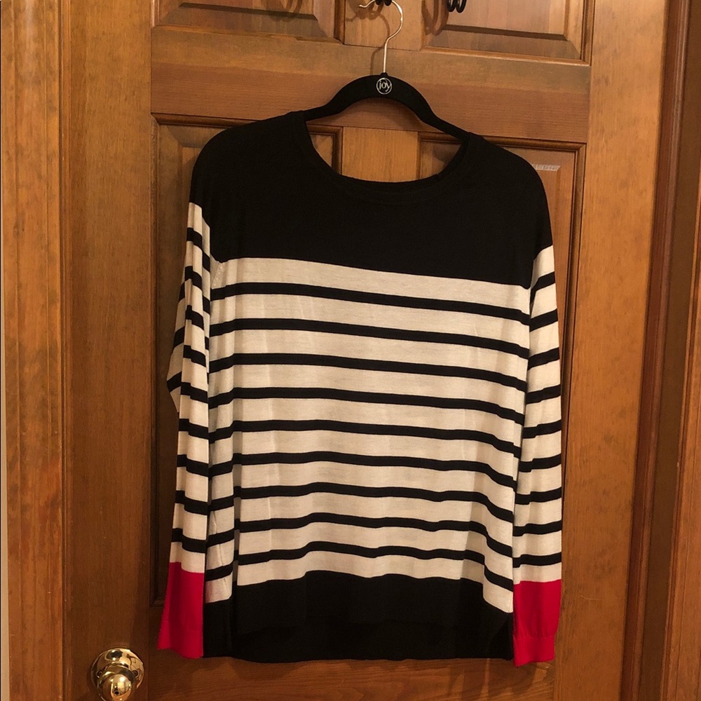 Black Tape_ Black and White Striped Top with Red at Sleeve Bottom